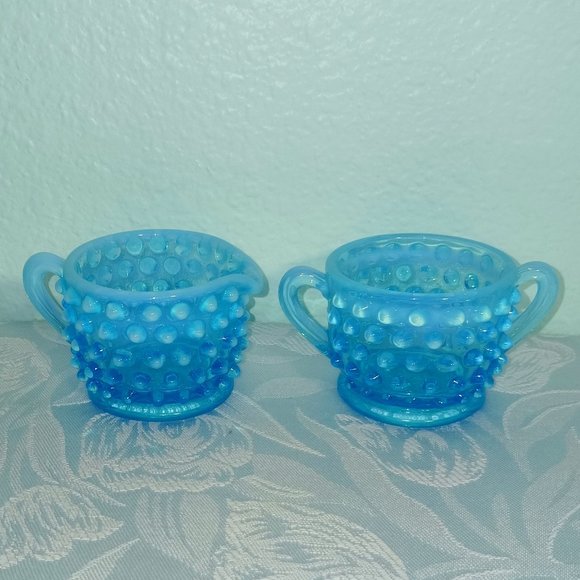 Set of Vintage Fenton Hobnail Blue Opalescent Cream and Sugar Servers - Picture 1 of 9
